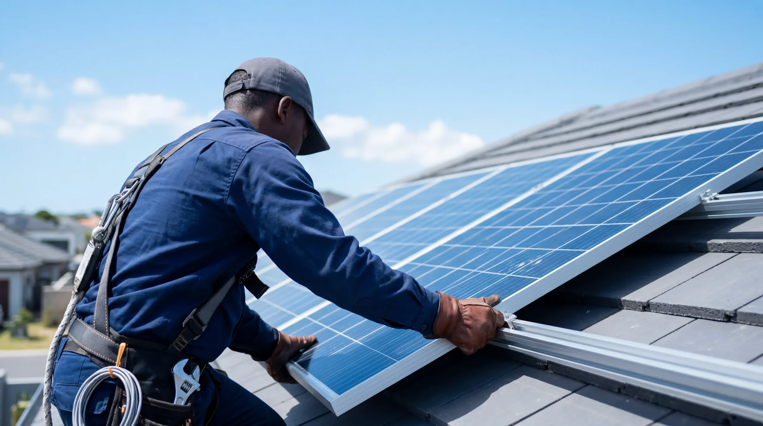 Solar technician installing backup power solar panels on a home roof in Gauteng, blue and white brand tones