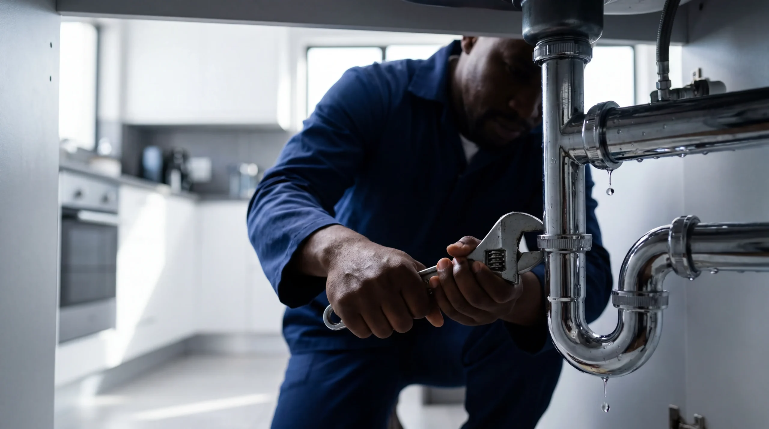 Plumber in Gauteng fixing a leaking pipe under a sink, hands and wrench in focus, blue and white brand tones